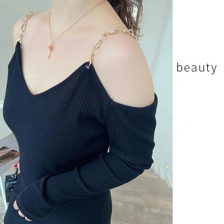 XXXXL Plus Size Women's Clothing Chain Sexy Babes Sling Dress Hollow Out Strapless Long Sleeve V-neck Black Skirt