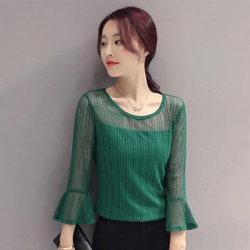 Flared Sleeve Mesh Bottoming Shirt Lace Spring and Summer Plus Size Women's Three-quarter Sleeve Top