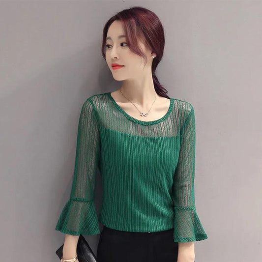 Flared Sleeve Mesh Bottoming Shirt Lace Spring and Summer Plus Size Women's Three-quarter Sleeve Top