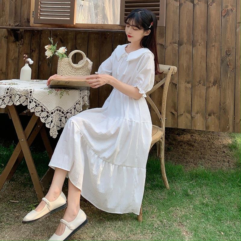 Cute Sweet Well-behaved Girl Solid Color Bow Ruffle Mid-length A-shaped Skirt Age Reduction Looser  Short Sleeve Dress