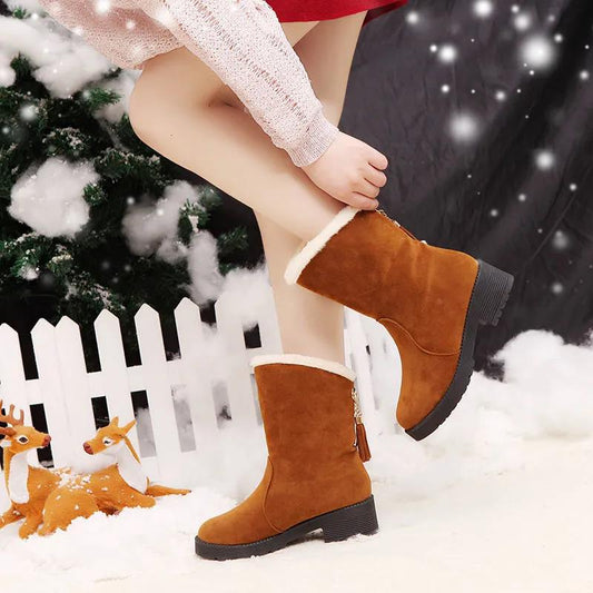 Snow Boots Women's Warm and Velvet Autumn and Winter Women's Short Boots Thick-soled Thick-heeled Fringed Mid-tube Boots