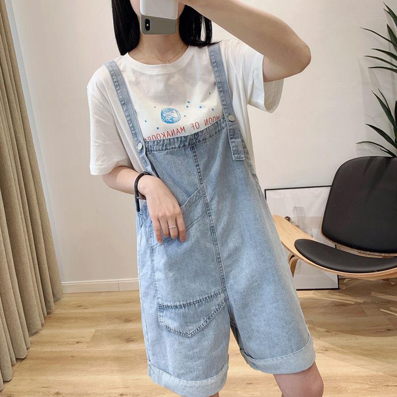 Wide-leg Denim Overalls on Both Sides Summer Female Students Loose Age-reducing Big Pocket Sling Jumpsuit Shorts Tide