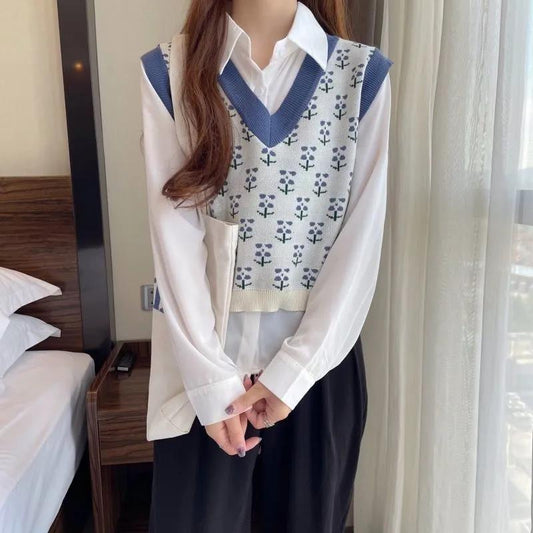 Women's Vest Layered Loose V-neck Sleeveless Knitted Autumn and Winter Short Sweater