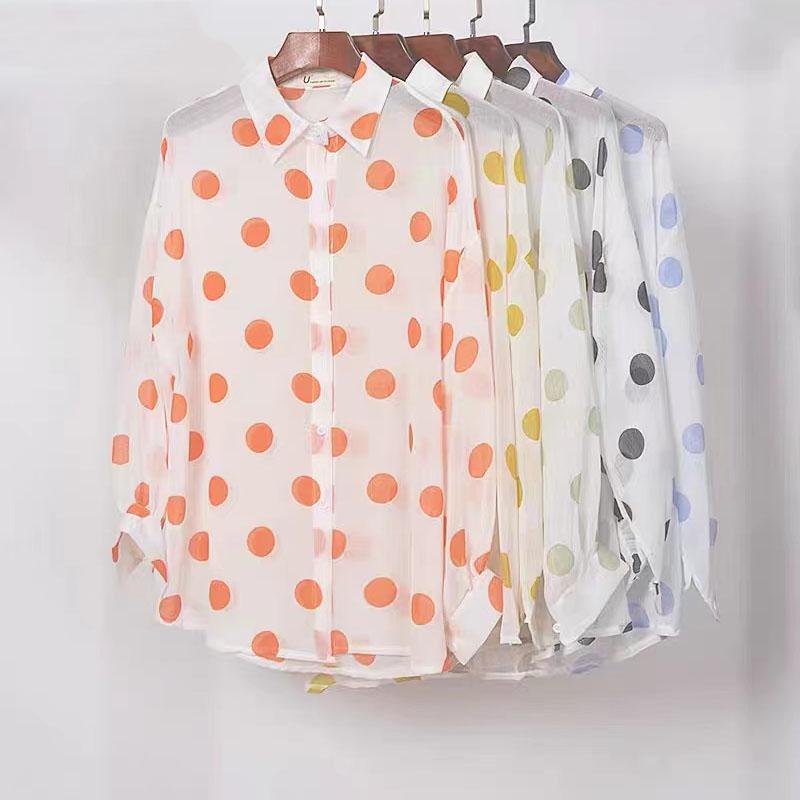 Dot Chiffon Sunscreen Female Summer Korean Version Loose Shirt  Regular  Turn-down Collar  Printing  Woman Tops