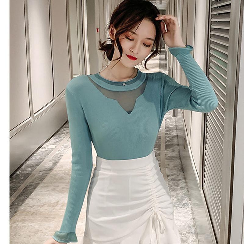 Sweater Women Autumn Winter Bottoming Shirt Women's Mesh Stitching Loose Long-sleeved Round Neck Korean Knit Sweater with Top