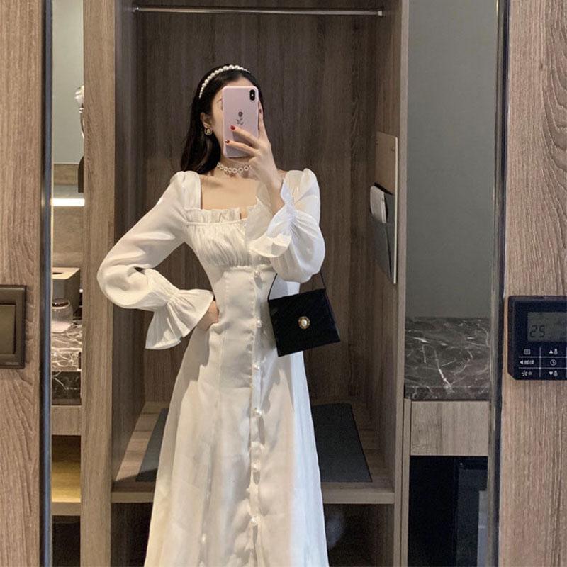 Hepburn Style Sweet and Salty Dress Mid-length Fairy Skirt Gentle White Long Skirt Ankle Fairy Tale