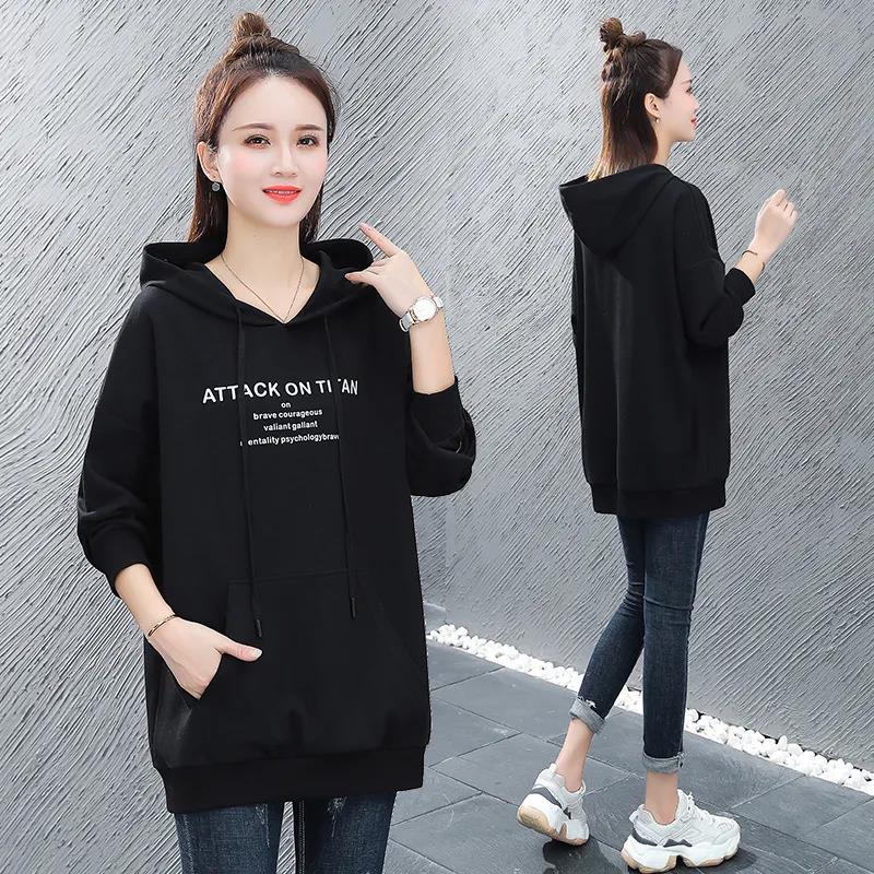 Women's Cotton Mid-length Hooded Sweater Autumn Solid Color Thin Hoodies Spring Large Size Loose Casual Coat