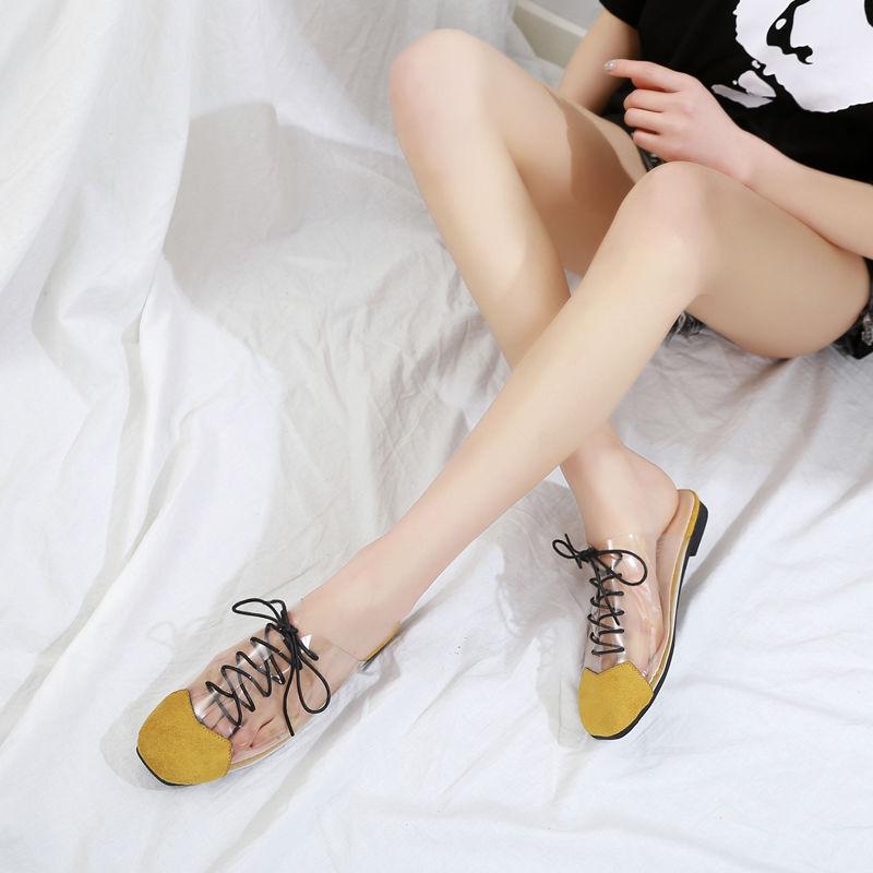 Transparent Half Slippers Women Spring and Summer Square Head Lace Slippers Fashion Flat Slippers Women