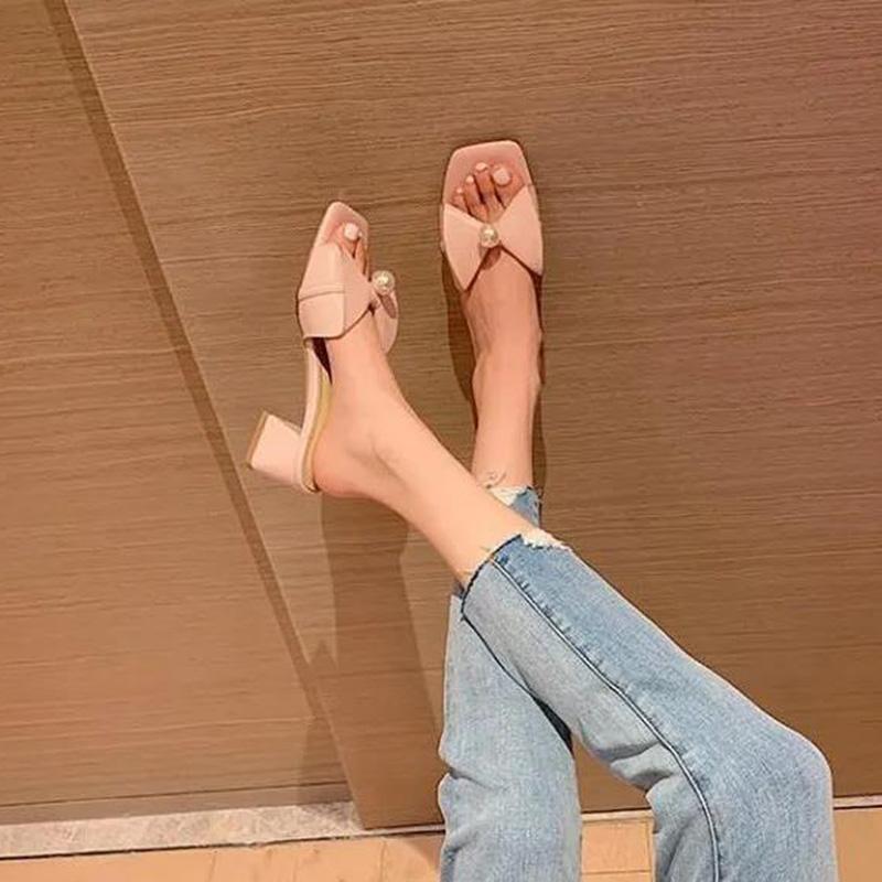 Sandals and Slippers Women's Summer Small High-heeled Shoes, Wear Korean Version of All-match Thick-heeled Women's Slippers with Mid-heel