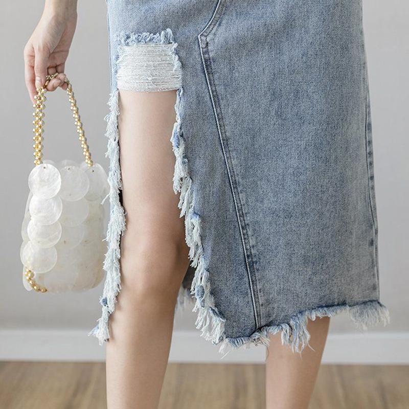 High-waist Denim Skirt Female Spring  Summer Looks Thin Split Split Hole Mid-length Hip Skirt  A-line Skirt