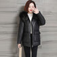 Plus Size PU Leather Jacket Women's Padded Coat Winter Mid-length Leather Parka Jacket Loose Hooded Parka Coat with Fur Collar
