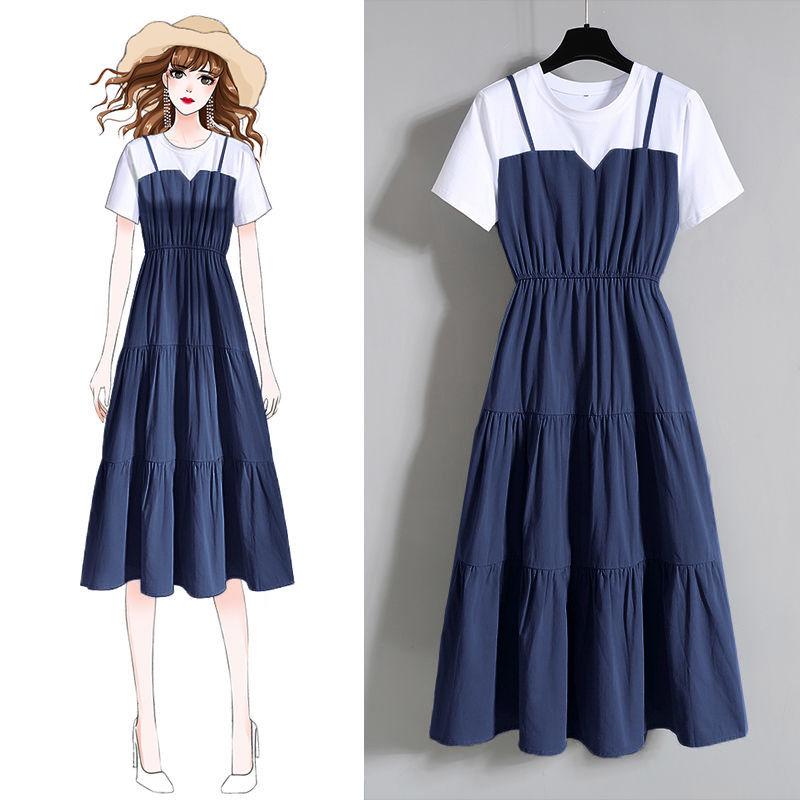 Plus Size Dress Women Summer A-line Long Dress Short-sleeve Pleated Dress