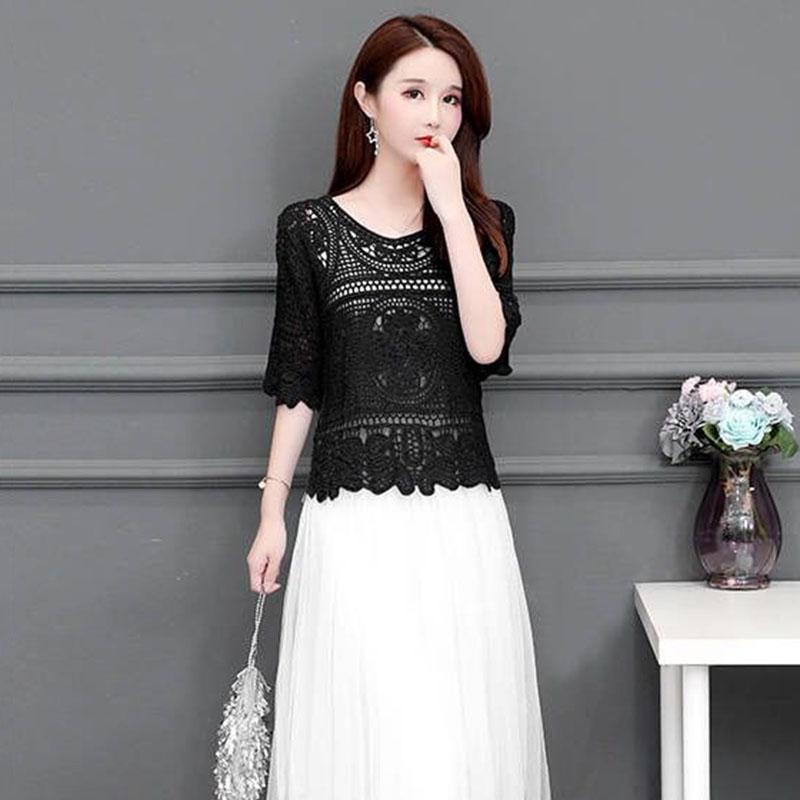 Loose Knit Hollow Crochet Top Hollow Perspective Shawl Blouse Female Pullover Top Mid Sleeve V Neck Knit Sweater