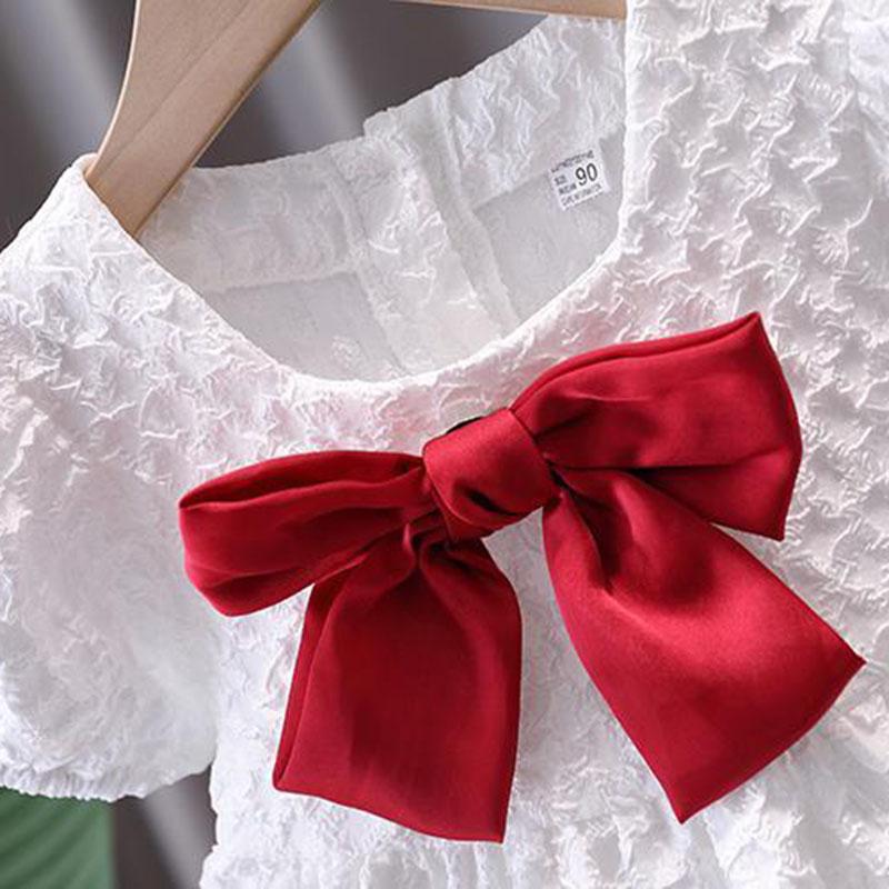 Girls Short Sleeve Dress Summer Thin White Children Princess Dress Summer Dress Cute Red Bow A-line Skirt