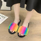 Fashion Slippers for Women Rainbow Fur Winter Slipper Luxury Designer Plus Size Cotton Slides Plat Non Slip Ladies Slipper
