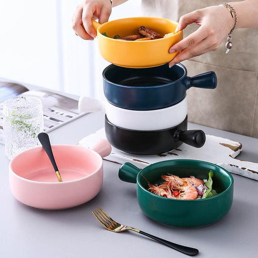 Baked Rice Nordic Style Baking Bowl with Handle Pasta Plate Household Ceramic Tableware Soup Noodle Salad Bowl