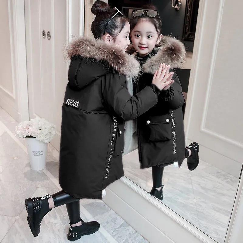 Girls' Winter Children's Clothes Western Style Padded Jacket Big Children's Mid-length Padded Hooded Padded Jacket with Fur Collar