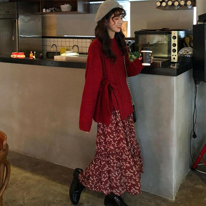 All-match Loose Autumn  Winter Twist Sweater Knit Sweater Casual Female Students Long-sleeved Design Sense Split