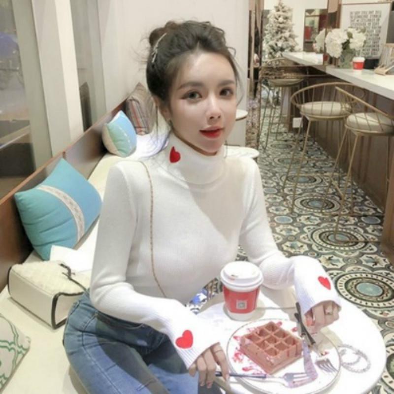 Pofulove autumn and winter sweet love turtleneck pullover sweater wild slim top shirt women