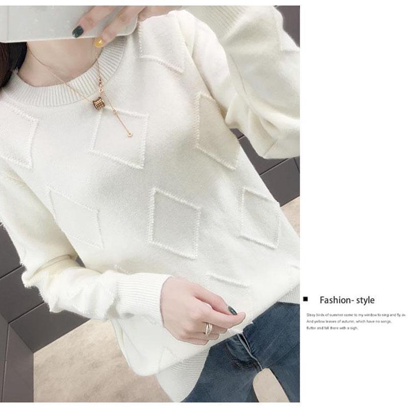 Warm O-neck Sweater Solid Color Rhombus Sweater Knitted Plain Sweater Women Knitwear Long Sleeve