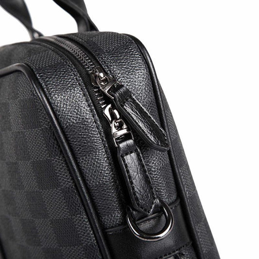 Business Briefcase Men Black Plaid PU Leather Zipper Waterproof Handbag Shoulder Bag Crossbody Bags