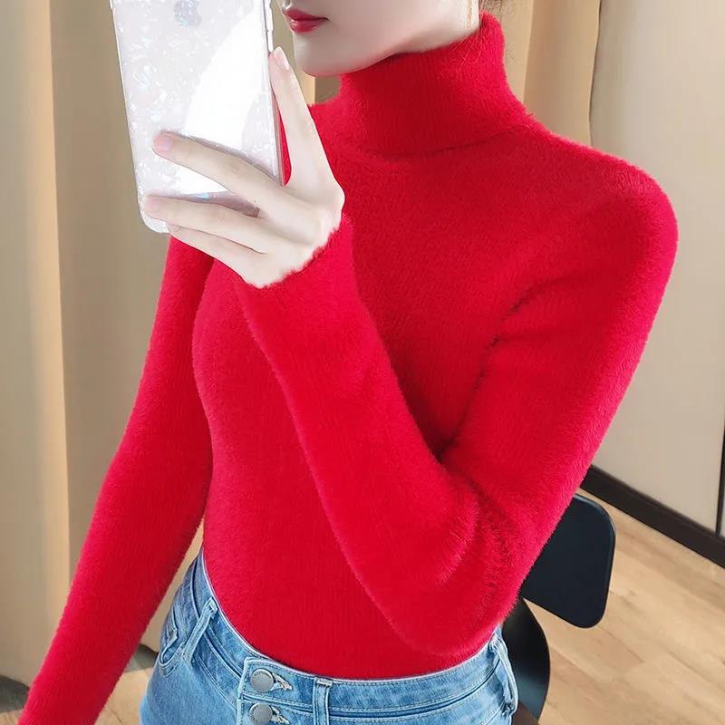 Mink Fleece Sweater Thickened Turtleneck Pullover Winter Warm All-match Knitted Sweater Large Size for Women