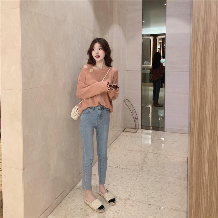 Sweater Women Loose Outer Wear Gentle Temperament Off-shoulder Long-sleeved Solid Color Pullover Sweater Top