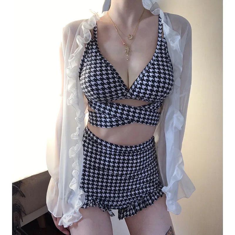 Sexy Plaid High Waist Swimsuit Women's Separate Swimsuit Bikini Sling Cross Bow Tie Bandage Cover Belly Ruffle Shorts Summer Beach Suit