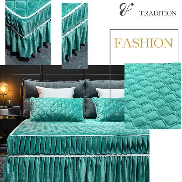 3pcs/set Wintercrystal Velvet Bed Skirt Three-piece Bed Cover Protective Cover Non-slip Quilted Bed Skirt Bed Cover and Pillowcase Three-piece Set