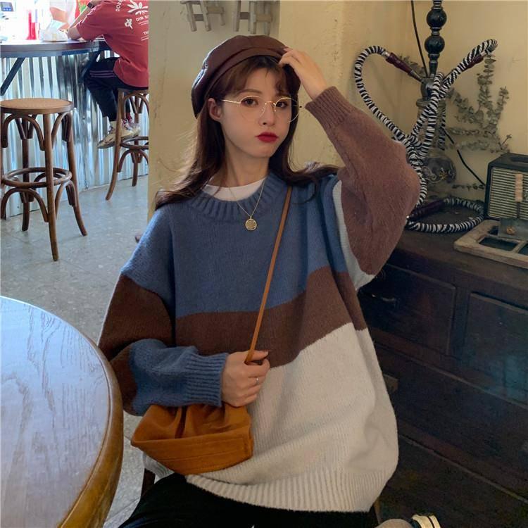 Pofulove Sweater Loose Autumn Winter Korean Lazy Color Matching Striped Round Neck Pullover
