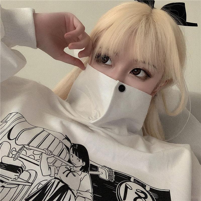 Hoodies Women Japanese Anime Pullover Sweatshirts Oversized Streetwear Harajuku Long Sleeve Turtleneck Hoodies Autumn Winter Fashion White Tops