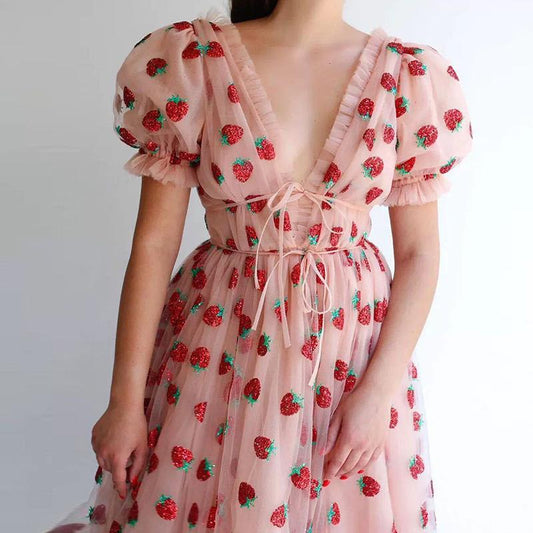 Fairy Tulle Dress, Cottagecore Plus Size 5XL Strawberry Maxi Dress, Milkmaid Cute Prom Puff Sleeve Mesh Dress,Homecoming Dress