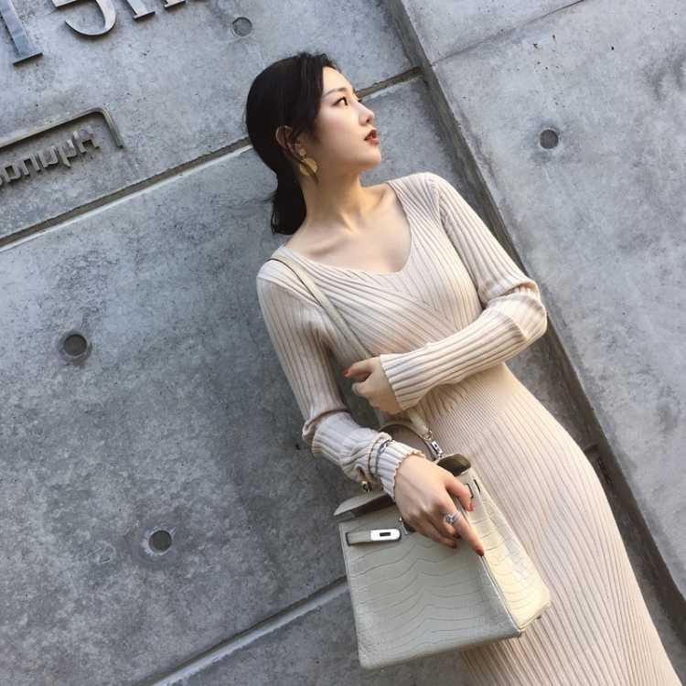 Women V-neck Sweater Dress Women's Loose Casual Dress Women Long Sleeve Knitted Dresses