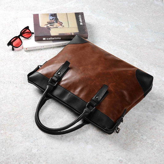 Business Briefcase Men Brown PU Leather Wild Zipper Waterproof Handbag Shoulder Bags Computer Bag