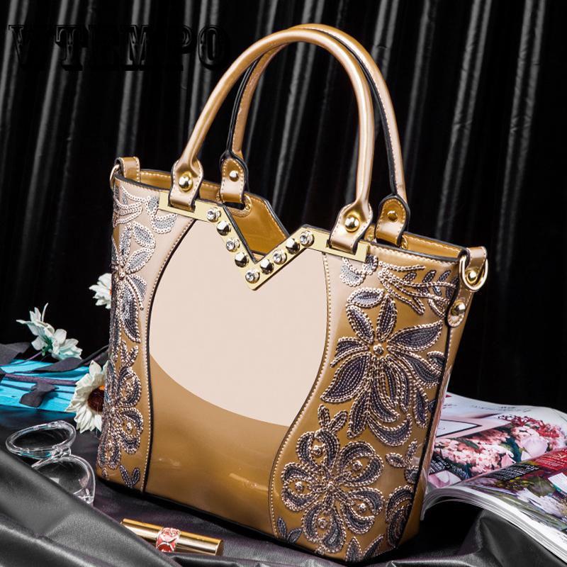 Shoulder Bag Embroidered Bright Portable Handbags Patent Leather Women Shoulder Bag