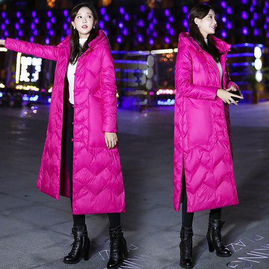 Winter White Goose Down Jacket Women's Lengthened Over-knee Loose and Comfortable Warm Disc Button Coat