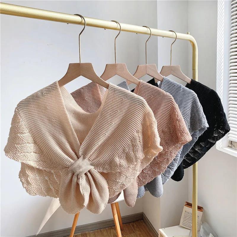 WTEMPO Summer Knitting Little Shawl Women's Thin Solid Color Knotted Neckties