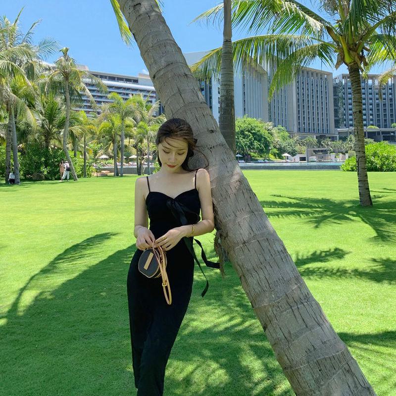Female High Cotton Dark Green Suspender Party Dress Slim Black Vintage Elegant Holiday Dress