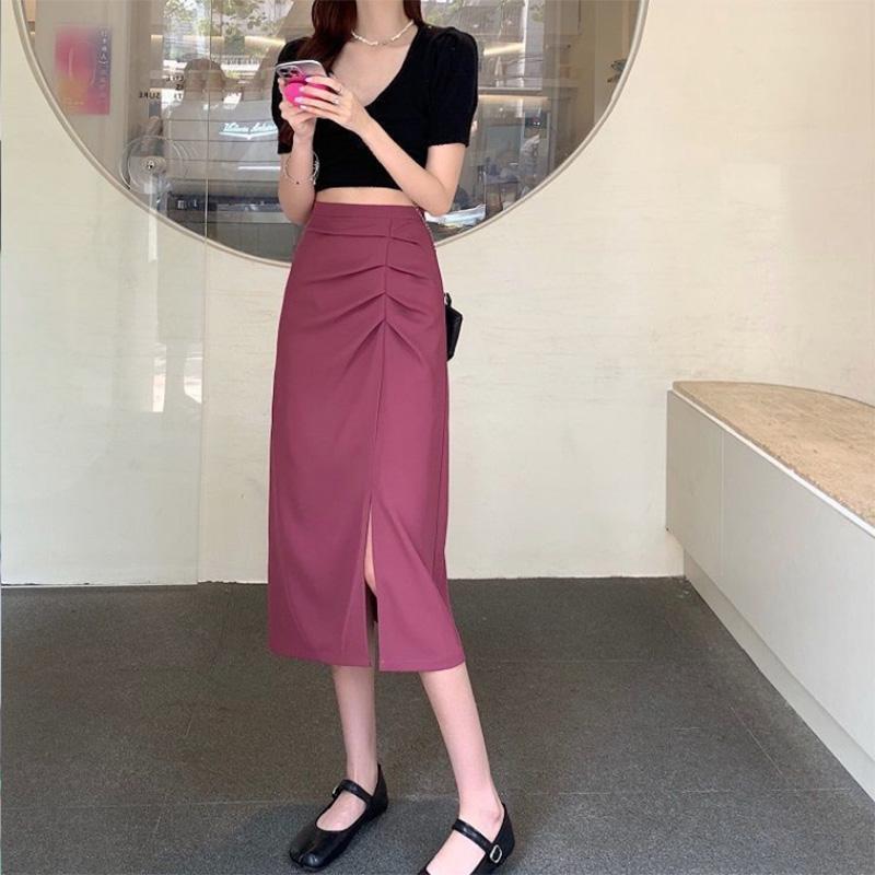 Pleated Slit Hip Skirt Summer Korean Version A-line Skirt High Waist Slim Mid-length Black Skirt Women