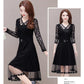 Spring and Summer Black V-neck Lace Stitching Dress Mesh Large Size Waist Skirt A-line Dress Covering Belly Mid Skirt