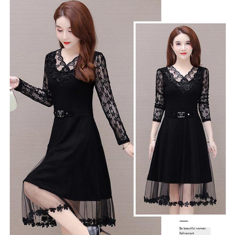 Spring and Summer Black V-neck Lace Stitching Dress Mesh Large Size Waist Skirt A-line Dress Covering Belly Mid Skirt