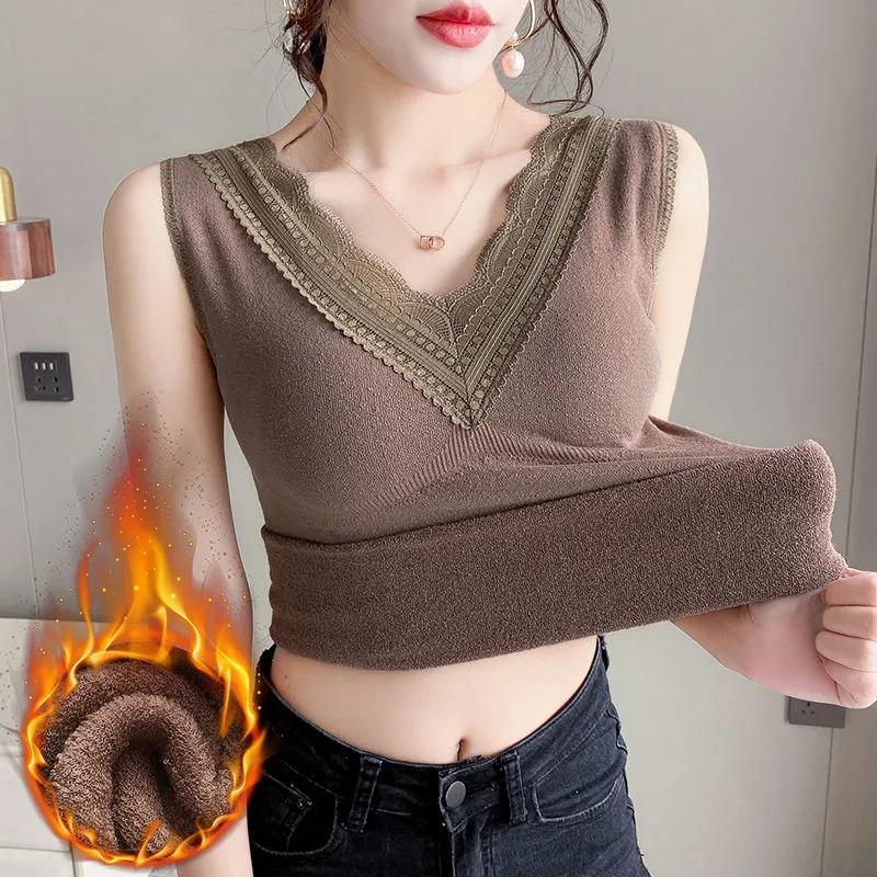 Thermal Underwear Warm Body Tops Vest Sexy Winter Clothing Women Sleeveless Slim Seamless V Neck Lace Side Solid Inner Wear