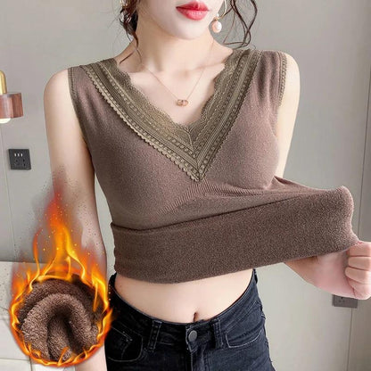 Thermal Underwear Warm Body Tops Vest Sexy Winter Clothing Women Sleeveless Slim Seamless V Neck Lace Side Solid Inner Wear