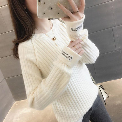 Pofulove Autumn Winter White Sweaters Students Loose Knit Bottoming Shirt Women's Long-sleeved Wear
