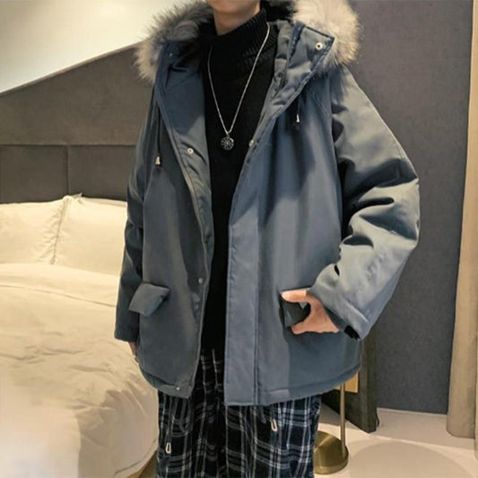 Winter Hong Kong Style Ins Hooded Tooling Cotton Jacket Men's Korean Version of The Trend of Solid Color Thick Hooded Large Fur Collar Cotton Jacket