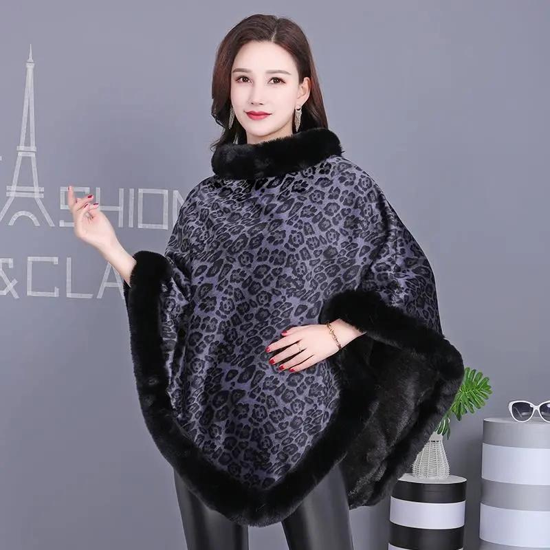 Women's Leopard Print Cape Shawl Autumn Winter Plus Velvet Thick Sleeveless Bat Blouse Jacket with Fur Collar Stand-up Collar Pullover Cloak Mantle