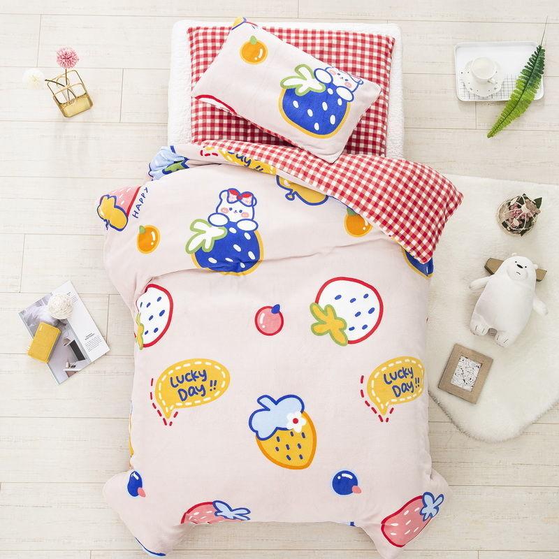 Children's Bed Set Autumn and Winter Double-sided Milk Velvet Three-piece Set Children's Nap Bedding Plus Velvet Thick Quilt Cover Pink Princess Style