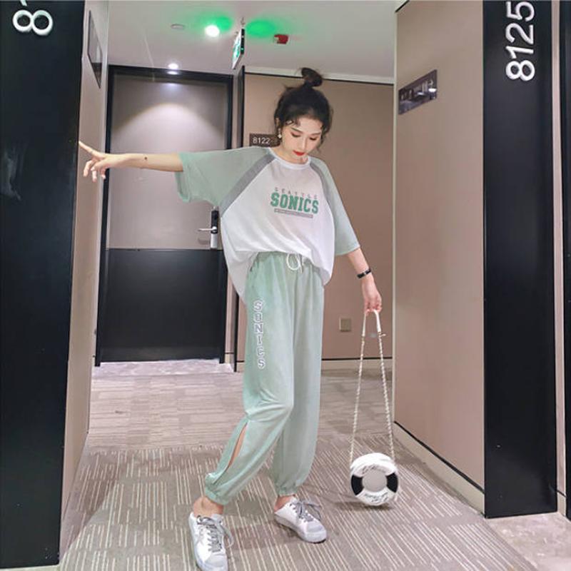 Cute Casual Sportswear Suit Female Summer Two-piece Suit Loose Cool Round Neck Short-sleeved T-shirt + Loose Sports Pants Fabric Light and Breathable