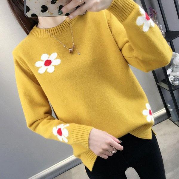 Autumn and Winter Round Neck Sweater Fashion Slim Bottoming Shirt Flower Pattern Simple Blouse