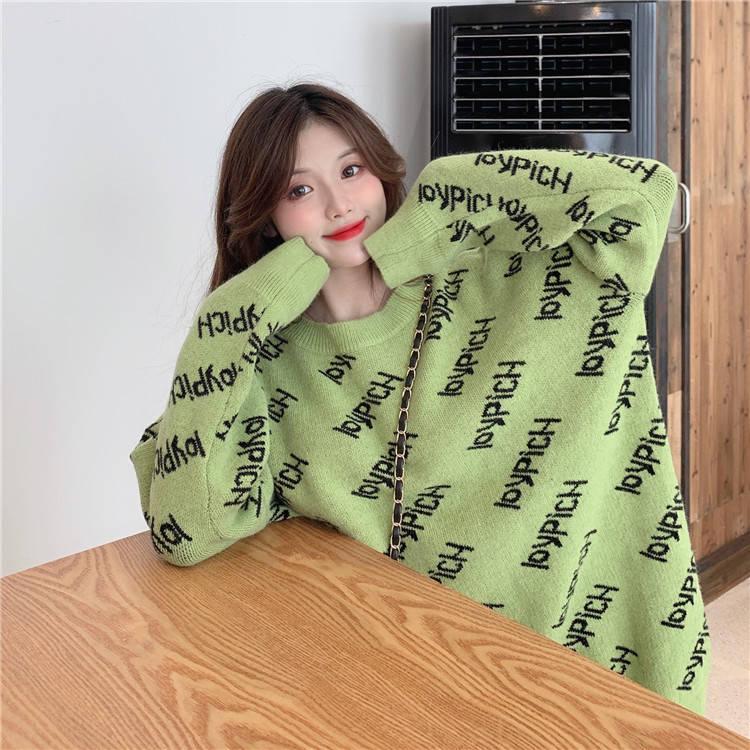 Women Letter Knitwear Crew Neck Loose Knitting Pullover Chic Solid Color Jumper Sweater Top